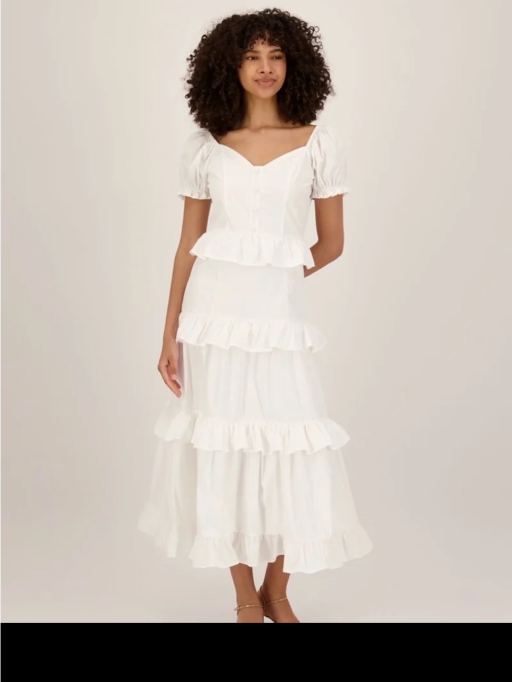 FLAT WHITE Ruffle Tiered Puff Sleeve Dress in White size Small